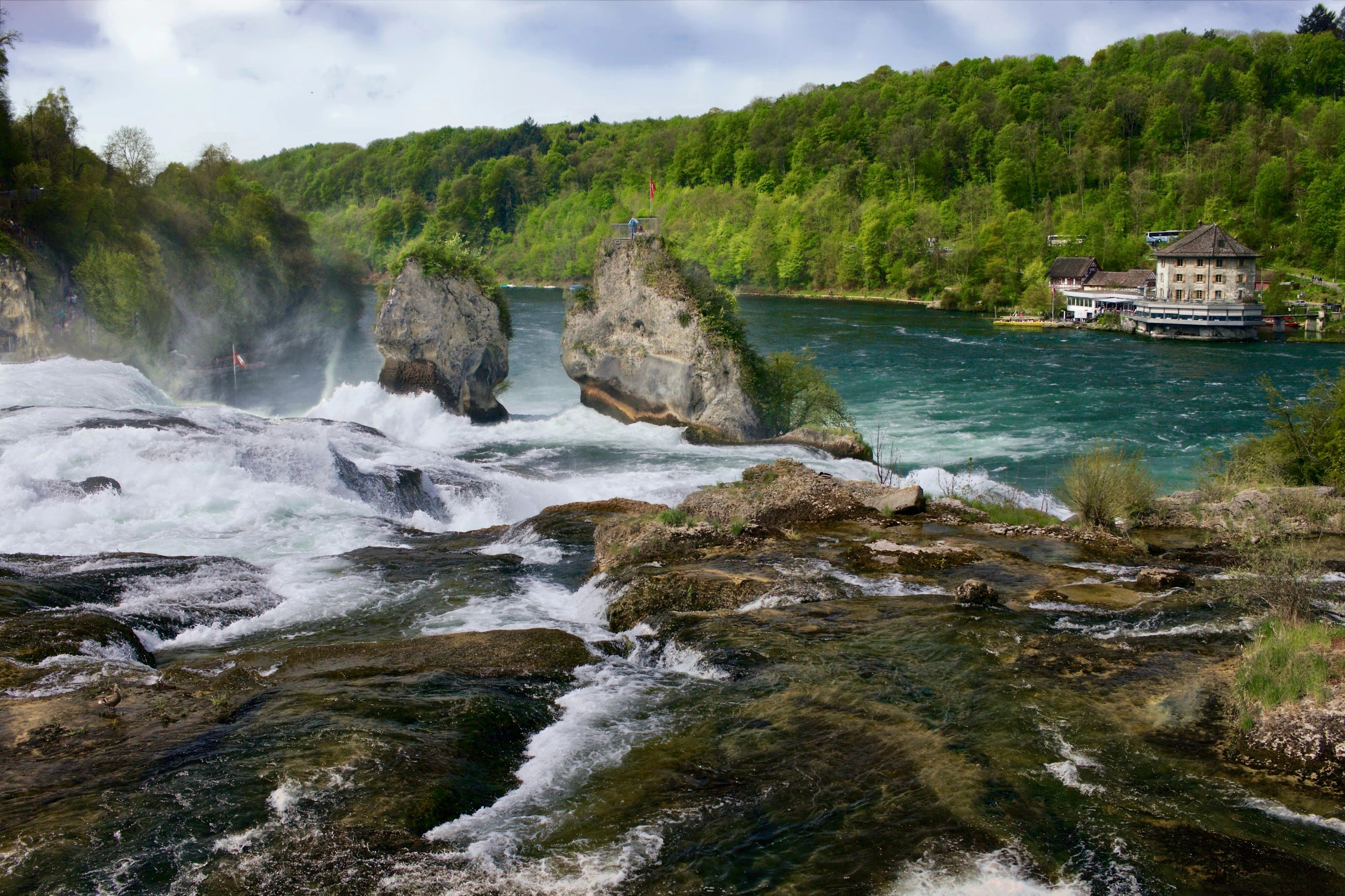 a river flowing through a lush green forest filled with trees, an album cover, by Thomas Häfner, pexels contest winner, niagara falls, photo of zurich, panoramic widescreen view, stone grotto in the center