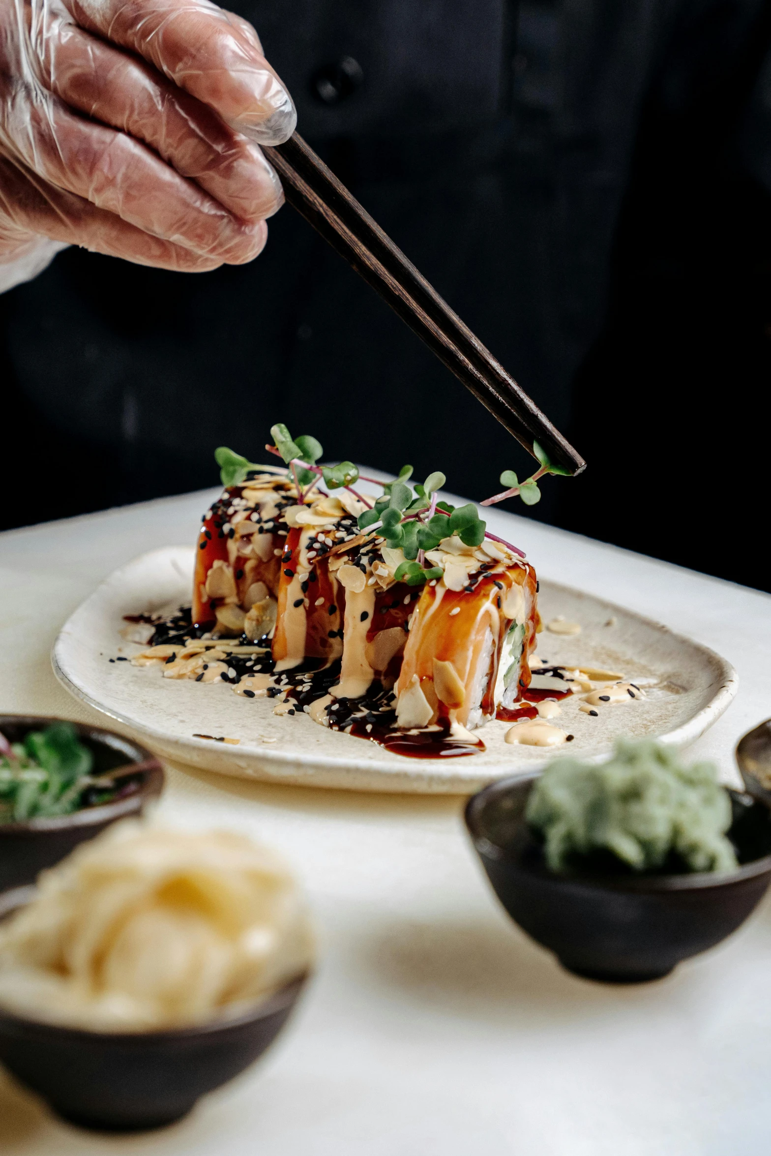 a person holding chopsticks over a plate of food, hanging scroll, profile image, melbourne, lush vista