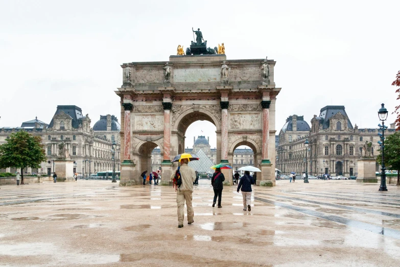 a group of people that are standing in the rain, french architecture, giant archways, slide show, fan favorite