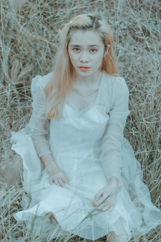 a woman in a white dress sitting in a field, an album cover, by Tan Ting-pho, renaissance, ulzzang, 🤤 girl portrait, albino skin, soft lighting from above