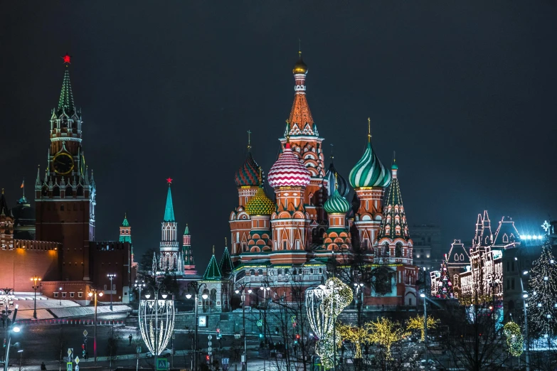 a view of the red square and st basil cathedral at night, inspired by Vasily Surikov, pexels contest winner, square, full frame image, multi - coloured, 000 — википедия