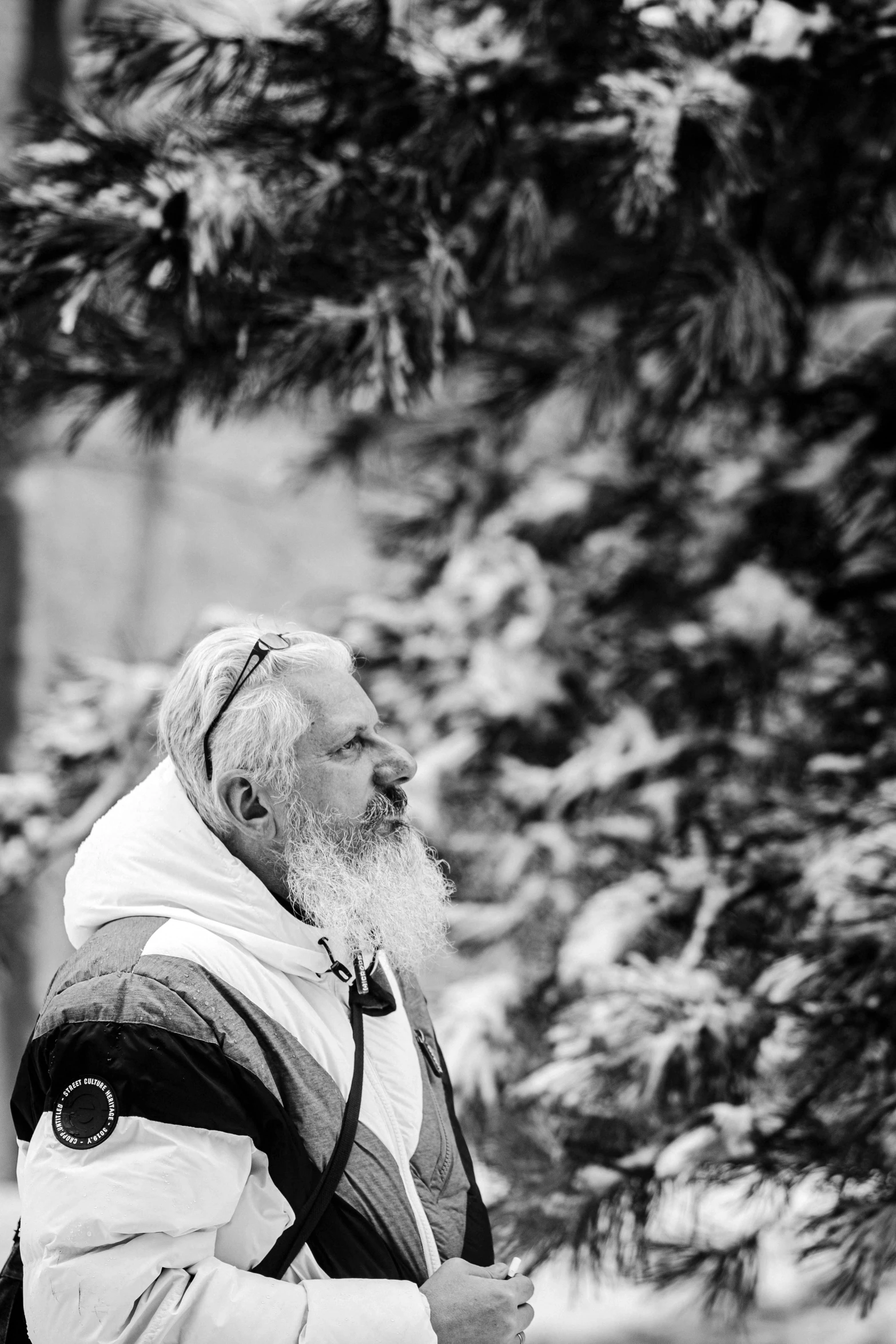a man riding skis down a snow covered slope, a black and white photo, unsplash, long white hair and white beard, portrait of forest gog, pondering, ukrainian monk