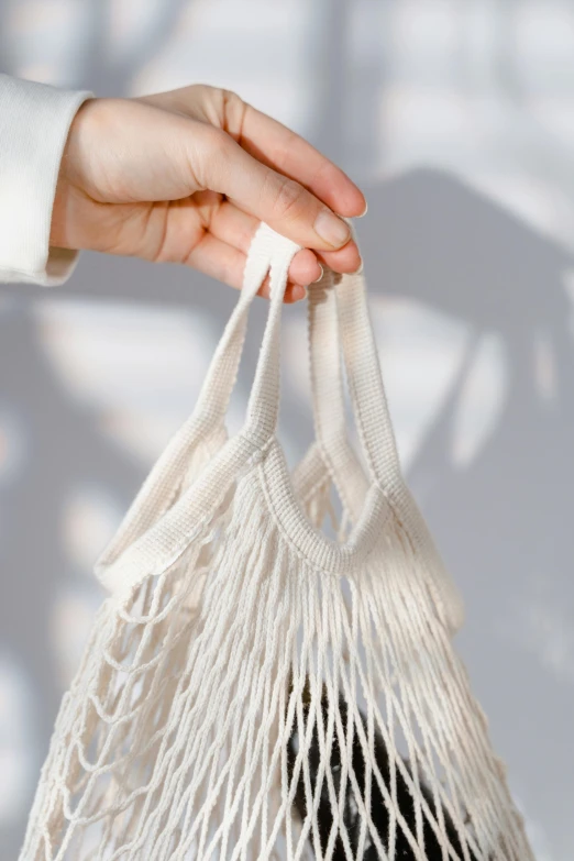 a close up of a person holding a string bag, happening, white lace, 4l, ecommerce photograph, netting