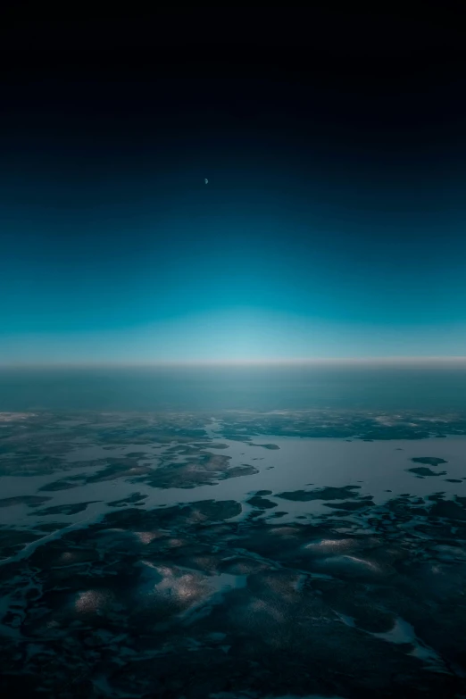 a view of the ocean from an airplane, by Sebastian Spreng, barren moon landscape, is at dawn and bluish, icy lake setting, high res 8k