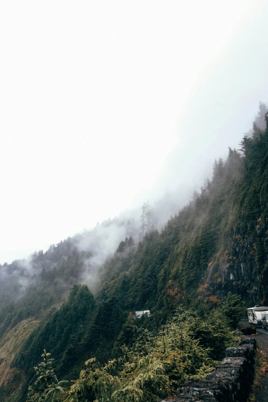 a train traveling down a train track next to a lush green hillside, a picture, trending on unsplash, foggy forest, cliffside town, alaska, overcast gray skies