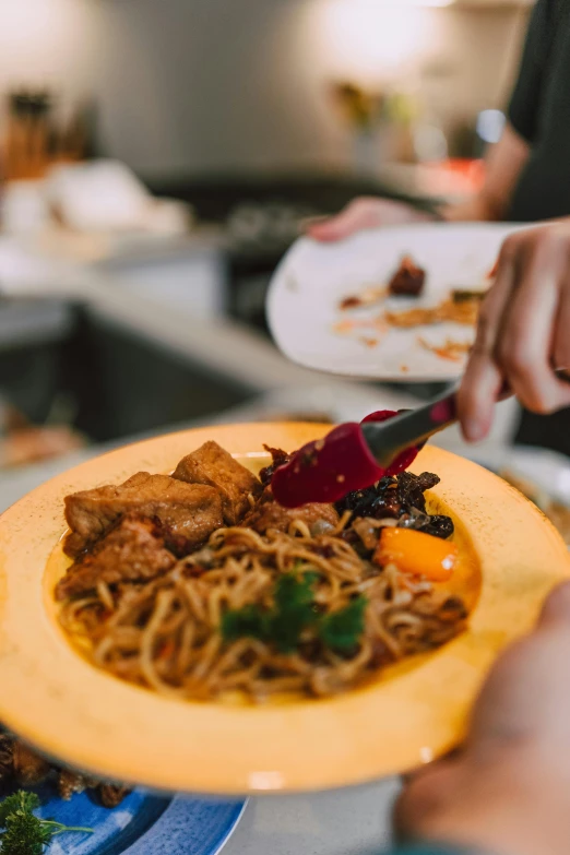 a close up of a person holding a plate of food, noodles, food court, cooking, pan and plates