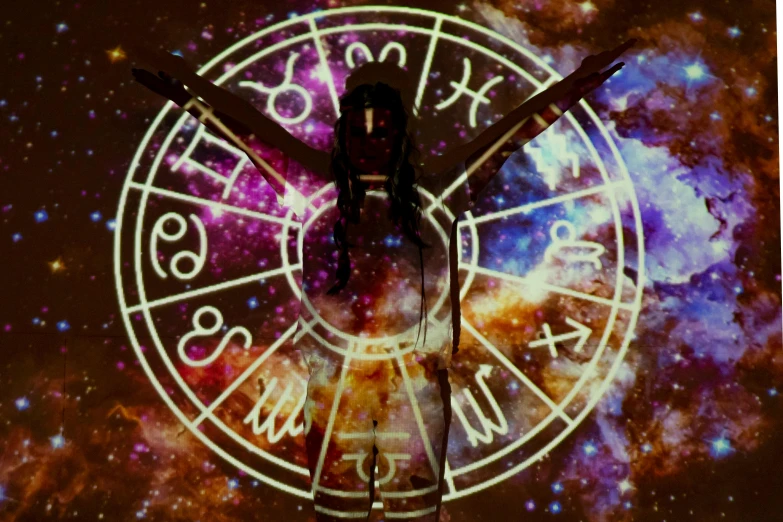 a clock that is on the side of a building, an album cover, pexels contest winner, holography, with glowing runes on the body, zodiac libra sign, kundalini energy, ( ( dark skin ) )