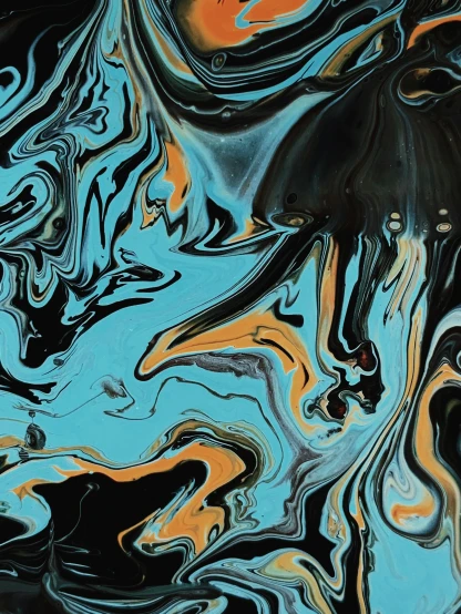 an abstract painting with blue, orange and black colors, trending on pexels, black marble, ilustration, swirls, made of liquid