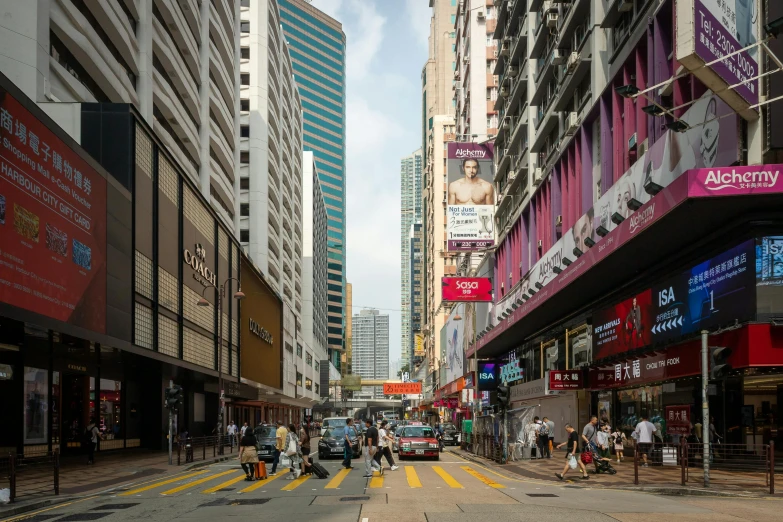 a city street filled with lots of tall buildings, inspired by Thomas Struth, pexels contest winner, hyperrealism, chungking express color palette, w, shops, empty streetscapes