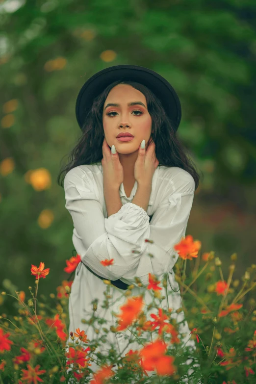 a woman standing in a field of flowers, a picture, by Robbie Trevino, aestheticism, white hat, portrait of modern darna, promo image, cute young woman