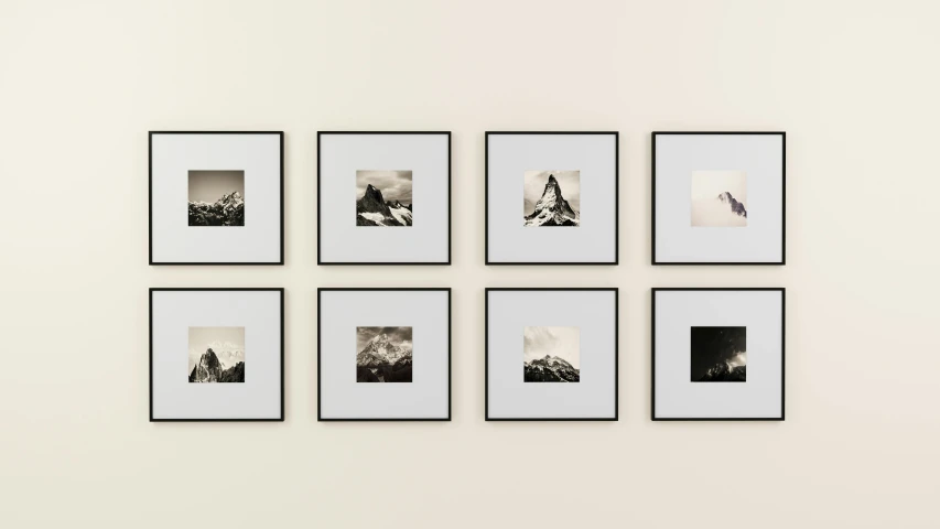 a group of black and white photographs hanging on a wall, inspired by Ansel Adams, pexels, 8k octae render photo, square pictureframes, mountainous, 8