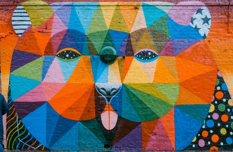 a colorful bear painted on the side of a building, pexels contest winner, street art, triangular face, louis william wain, abstract geometric art, ilustration