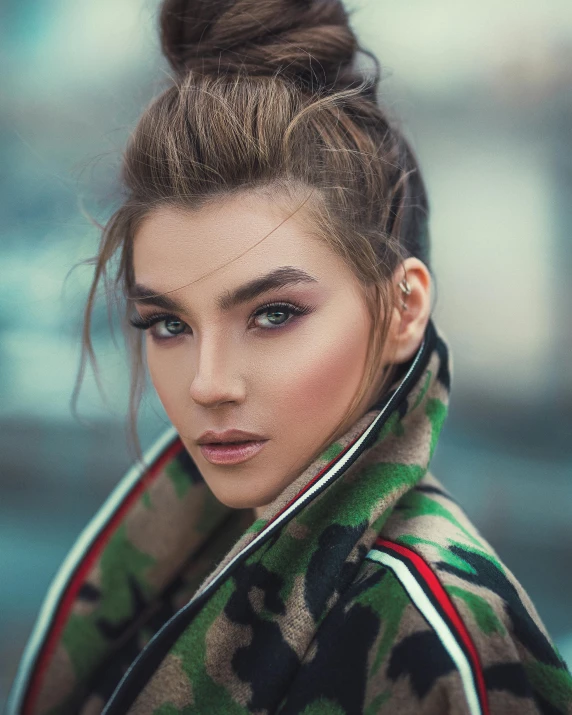 a woman with a messy bun in her hair, a colorized photo, by Emma Andijewska, trending on pexels, graffiti, wearing military outfit, madison beer girl portrait, lgbtq, perfect face and boy