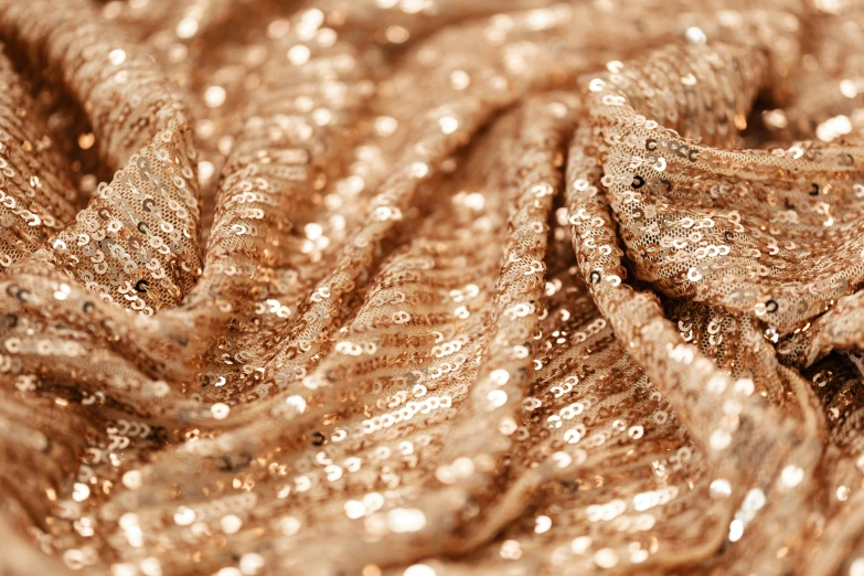 a close up of a shiny fabric with sequins, a macro photograph, by Lena Alexander, pixabay, renaissance, rose gold, gold chain, highly detailed product photo, jewelry photography