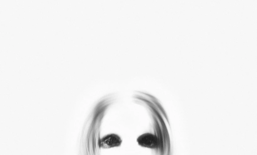 a black and white photo of a woman's face, an album cover, inspired by Anna Füssli, conceptual art, long blonde hair and big eyes, very blurry, lori earley, saatchi art