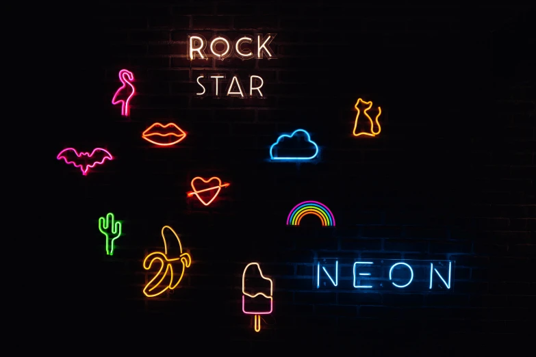 a neon sign on a brick wall that says rock star neon, an album cover, trending on pexels, icon pack, beautiful neon cats, various lighting mood, 3 d neon art of a womens body