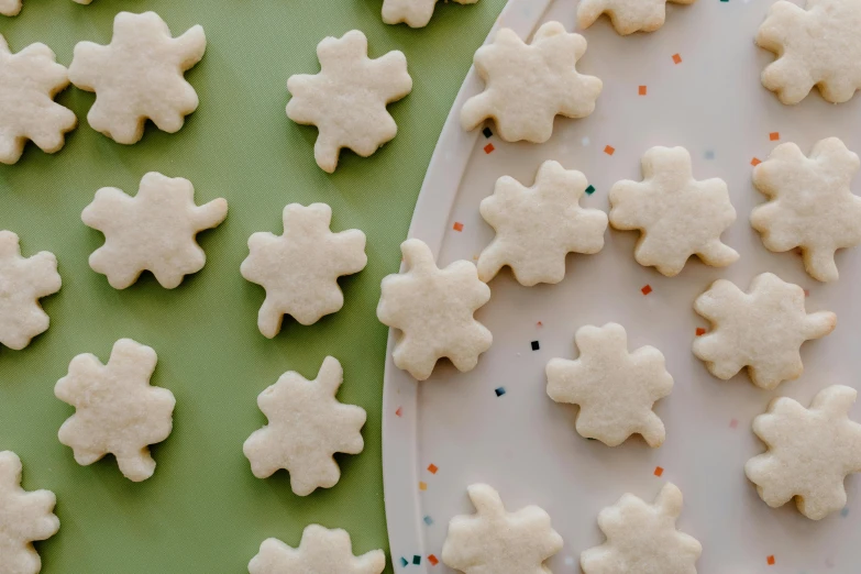 a plate that has some cookies on it, a jigsaw puzzle, trending on pexels, white pearlescent, organic shapes, sugar snow, background image