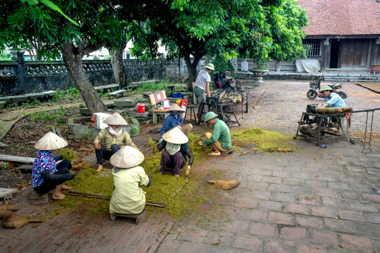 a group of people that are standing in the grass, inspired by Ruth Jên, pexels contest winner, process art, in a village street, vietnamese temple scene, smelters, square