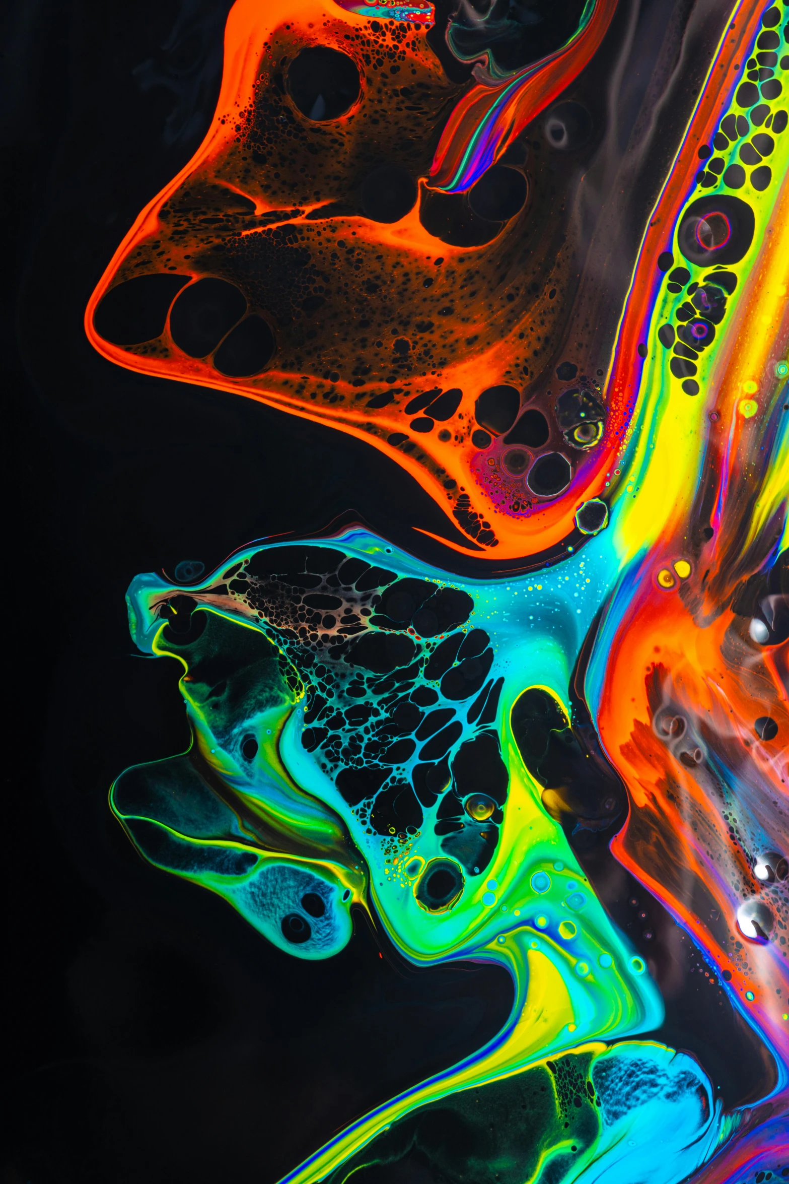 a close up of a colorful painting on a black background, an airbrush painting, by Tony Szczudlo, trending on pexels, colourful slime, amoled wallpaper, liquified, inverse color