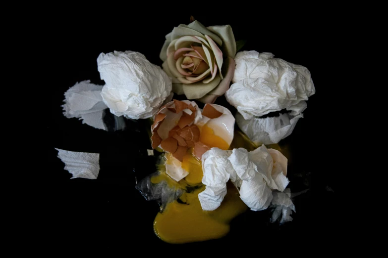 a broken egg sitting on top of a table, a still life, inspired by Rachel Ruysch, pexels contest winner, tissue paper art, white roses, littered with garbage, sean yoro
