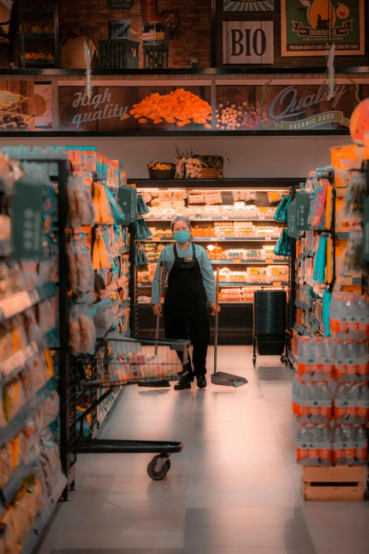 a woman walking through a grocery store aisle, pexels, hyperrealism, teal and orange colors, cleaning future, a person standing in front of a, screensaver