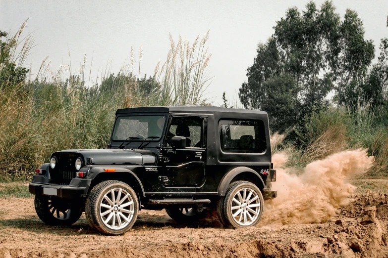 a black jeep driving down a dirt road, unsplash, auto-destructive art, mahindra thar, profile image, thumbnail, full body in shot