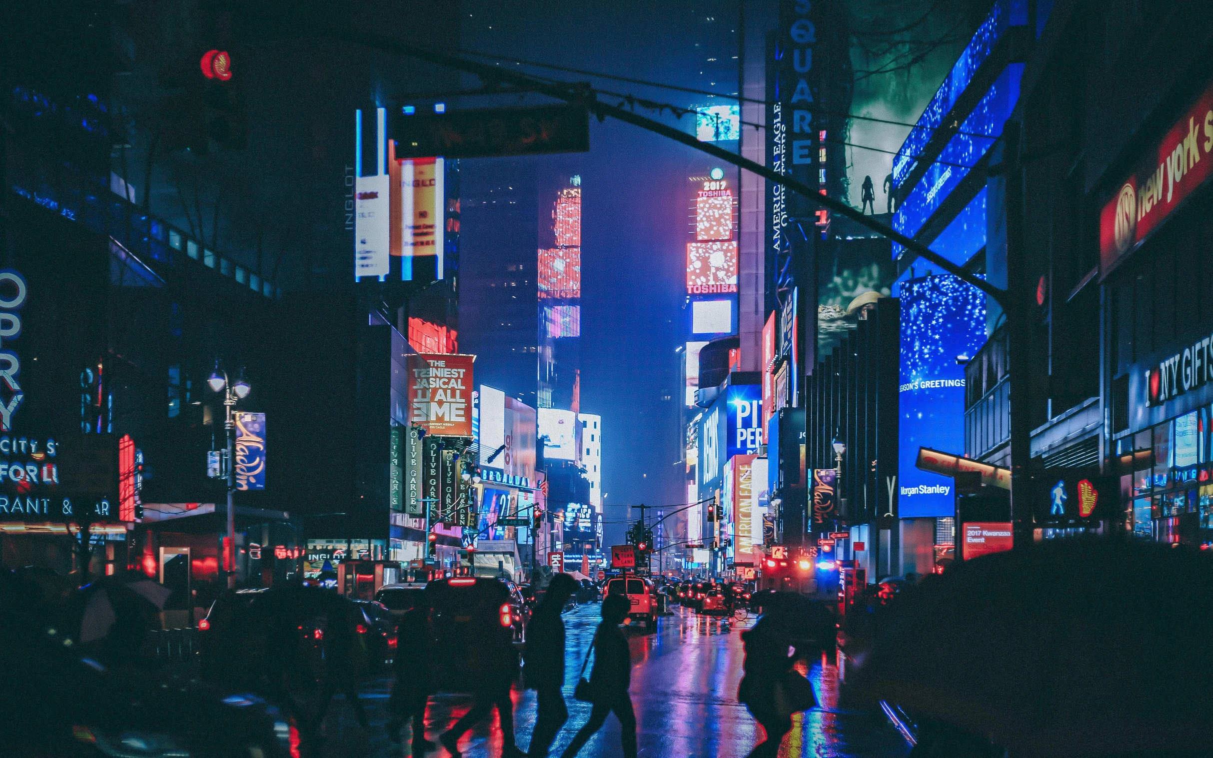 people crossing a busy city street at night, pexels contest winner, new york in the future, colorful neon signs, gloom and lights, blue and red lights