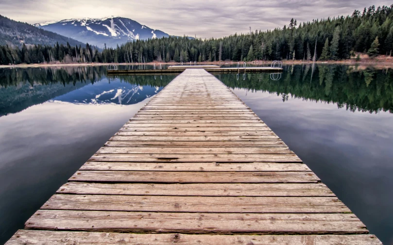 a dock in the middle of a lake with mountains in the background, by Jim Nelson, pexels contest winner, land art, whistler, interlacing paths, pov photo, majestic forest grove