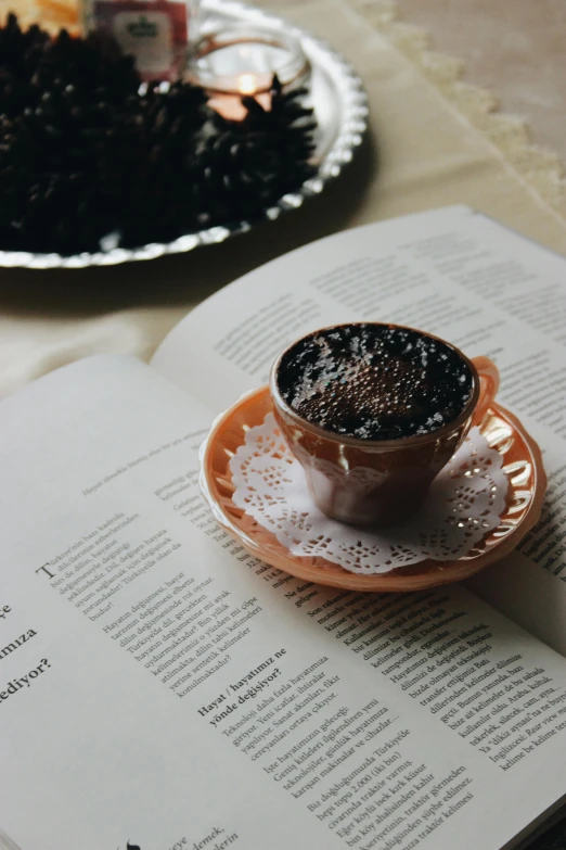 a cup of coffee sitting on top of an open book, by Lucia Peka, pexels contest winner, baked beans, black and terracotta, gif, dessert