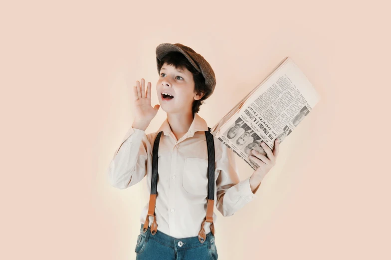 a boy wearing suspenders and a hat holding a newspaper, inspired by Norman Rockwell, trending on pexels, surprised, actors, the little prince, publicity cosplay