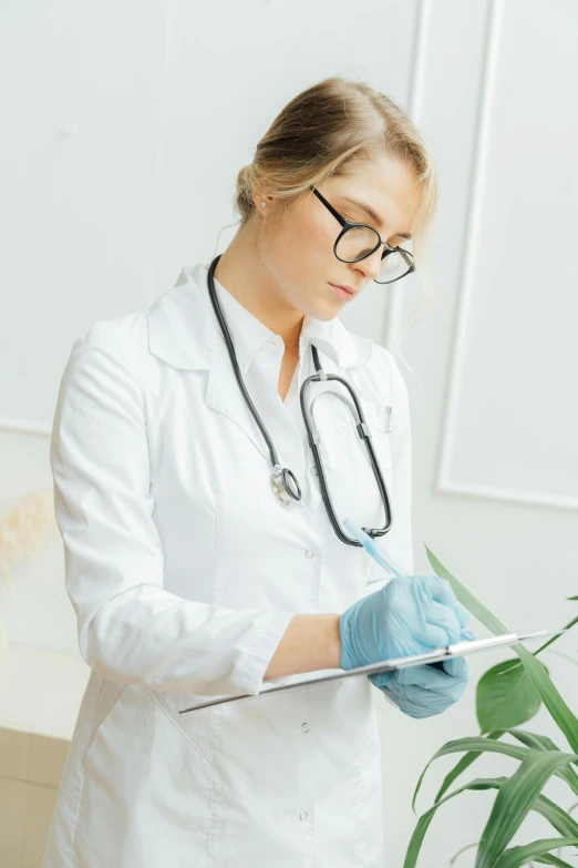 a female doctor with a stethoscope examining a plant, a colorized photo, shutterstock, multiple stories, surgical supplies, white, medical book