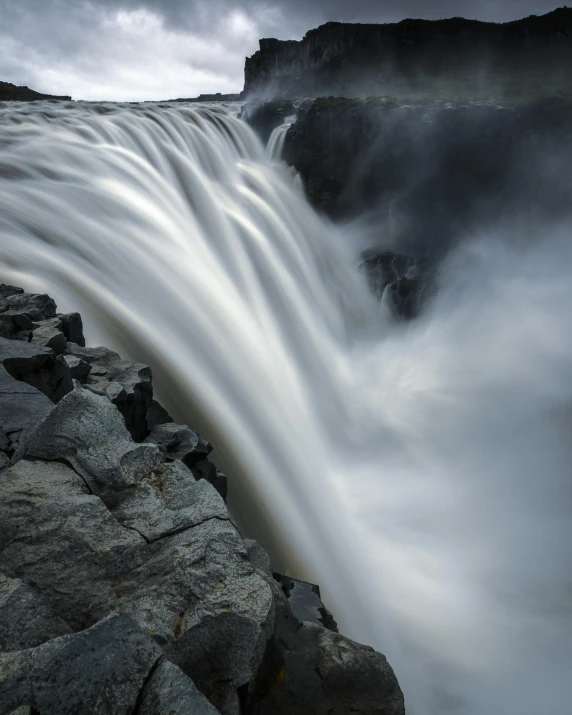 a waterfall flowing over rocks under a cloudy sky, by Terese Nielsen, pexels contest winner, hurufiyya, closeup of magic water gate, thumbnail, multiple stories, eruption