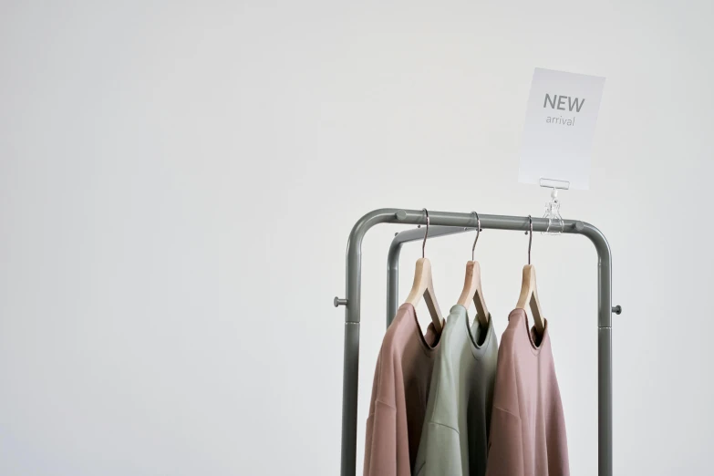 clothes hanging on a rack in front of a white wall, by Nina Hamnett, trending on unsplash, draped in pink and green robes, outlive streetwear collection, grey, in muted colours