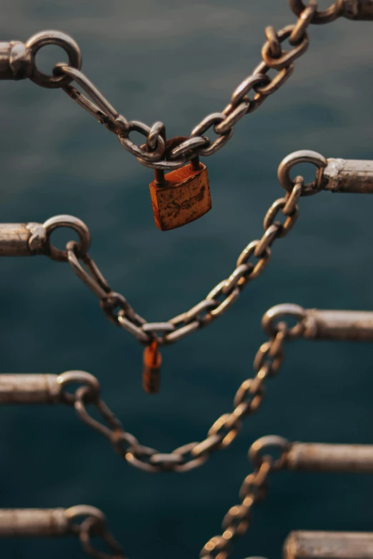 a chain with a padlock attached to it, an album cover, by Jesper Knudsen, unsplash, renaissance, square, maritime, structure : kyle lambert, turbulent