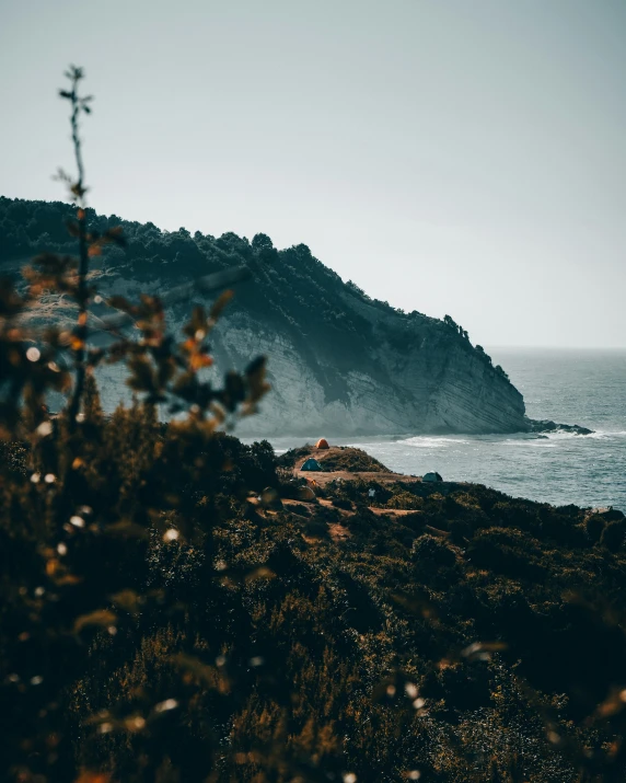 a person standing on top of a cliff next to the ocean, hill with trees, profile image, landscape photo