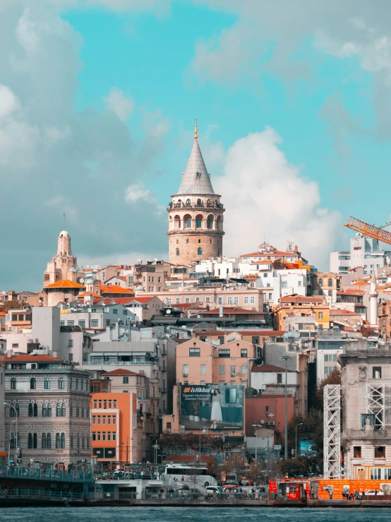 a large body of water with a city in the background, a colorized photo, pexels contest winner, art nouveau, neoclassical tower with dome, mixture turkish and russian, youtube thumbnail, background image