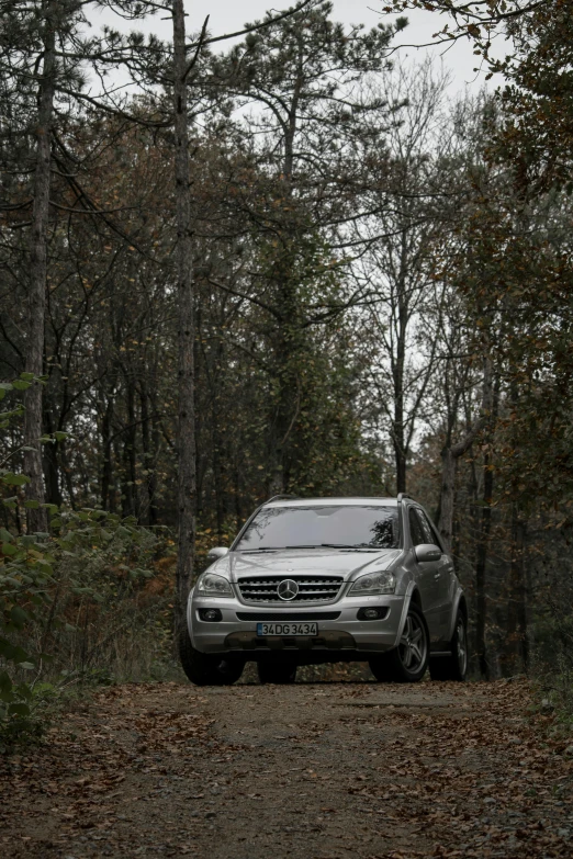 a car driving down a dirt road in the woods, a picture, by Daniel Seghers, baroque, mercedez benz, **cinematic, raptor, autum