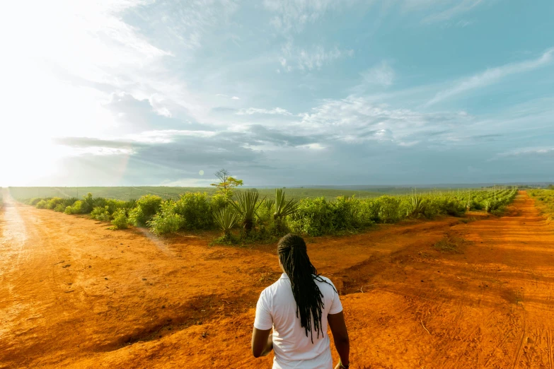 a man riding a skateboard down a dirt road, an album cover, pexels contest winner, happening, african savannah, panorama distant view, jamaica, looking out at a red ocean