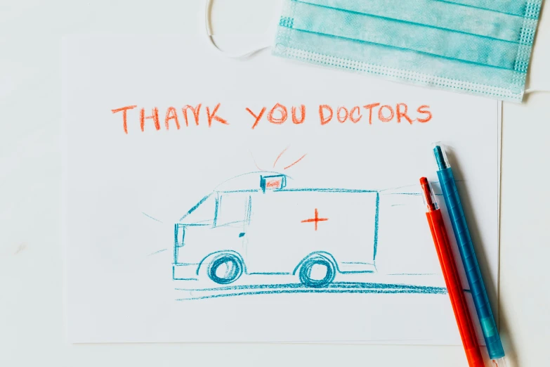 a thank card with a drawing of a medical truck, pexels, crayons on paper, 1024x1024, masked doctors, professional shot