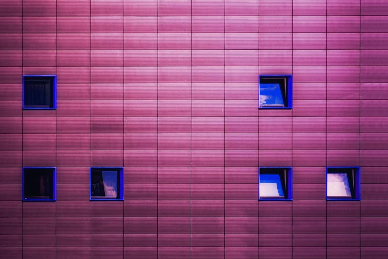 a couple of windows sitting on the side of a building, inspired by Andreas Gursky, unsplash contest winner, postminimalism, purple and pink, square shapes, cool purple slate blue lighting, flickr explore 5 0 mm