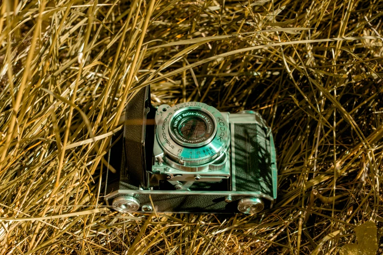 an old camera sitting in the middle of a field, by Niels Lergaard, art photography, medium format, auto graflex, broken camera colors, rolleiflex tlr