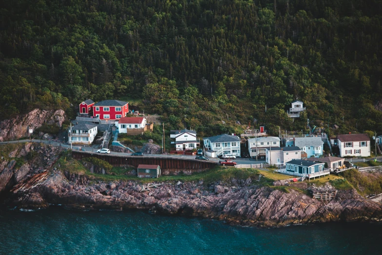 a group of houses sitting on top of a lush green hillside, a photo, pexels contest winner, plein air, built around ocean, canada, 🦩🪐🐞👩🏻🦳, moody : : wes anderson