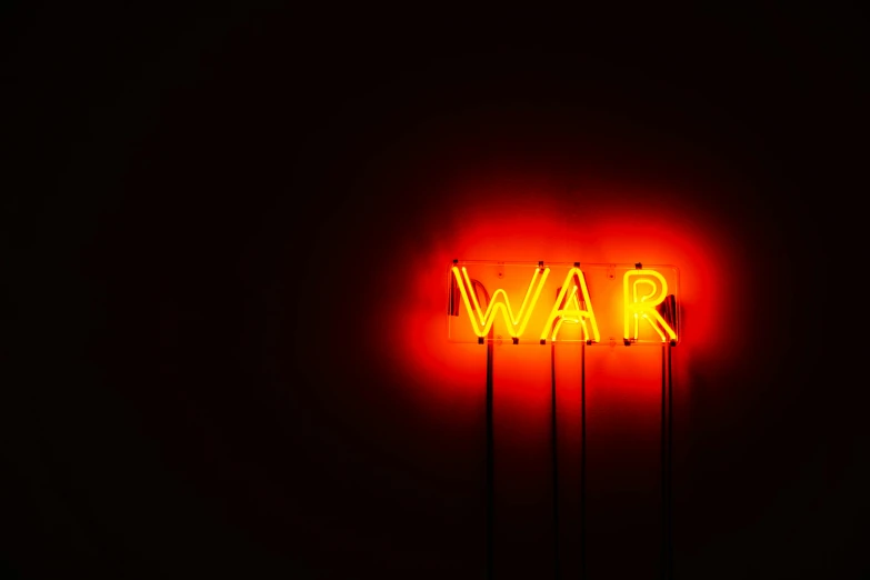 a neon sign with the word war on it, by Bruce Nauman, modern war photography, gold and red metal, intense battle, ignant