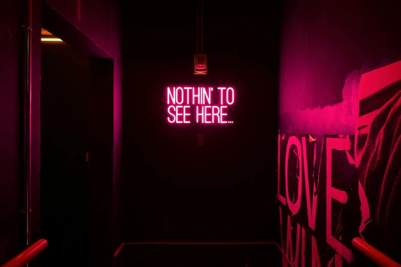 a neon sign that says nothing to see here, an album cover, trending on unsplash, exhibit, magenta, decoration, abduzeedo