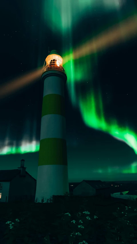 a lighthouse with the aurora lights in the sky, an album cover, by Matthias Stom, pexels contest winner, green accent lighting, square, white, brown