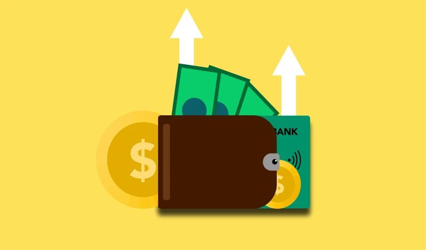 a wallet with money and arrows coming out of it, an illustration of, three day growth, feature, icon, bank