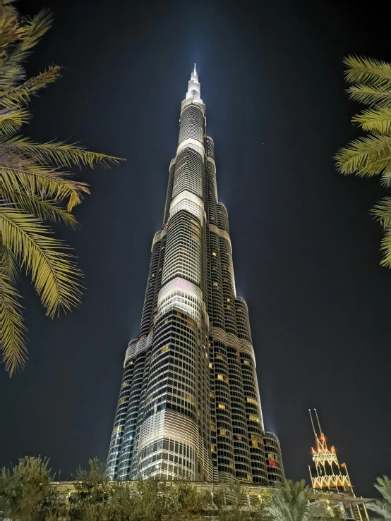 a tall building lit up at night with palm trees in the foreground, pexels contest winner, hurufiyya, tall metal towers, spire, towering high up over your view, exterior