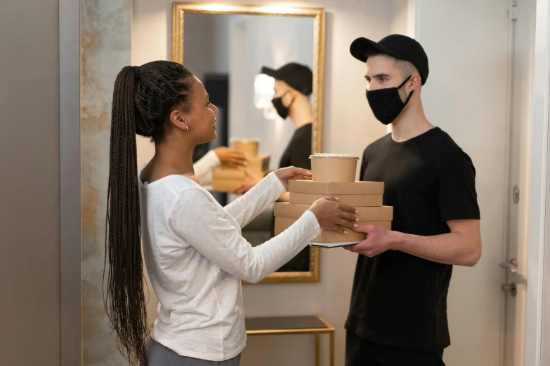 a woman handing a man a box of pizza, a portrait, pexels contest winner, wearing all black mempo mask, avatar image, lachlan bailey, profile image