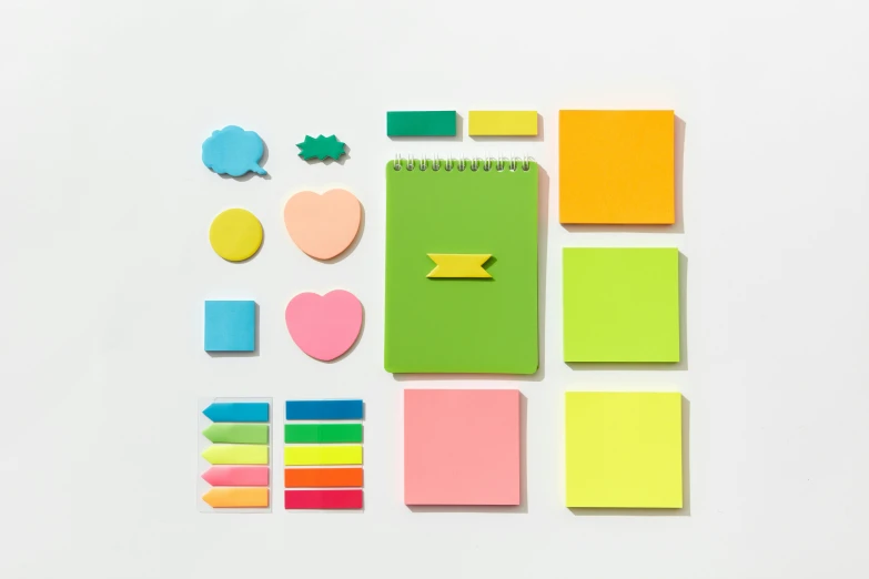 a bunch of sticky notes sitting on top of a table, medium and large design elements, puffy sticker, set against a white background, muted deep neon color
