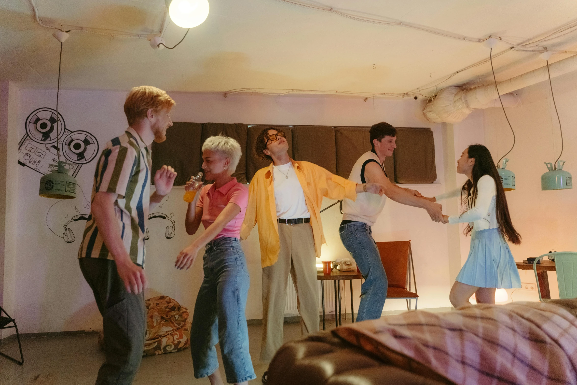 a group of people that are standing in a room, an album cover, pexels, choreographed fight scene, pastel clothing, summer night, joel fletcher